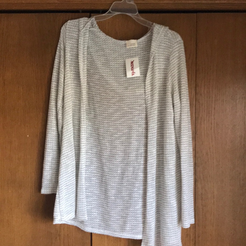 white and grey hooded cardigan